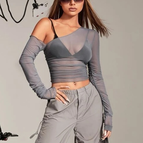 Asymmetrical Stretch Neck‎ Sheer Mesh Top - Picture 4 of 5